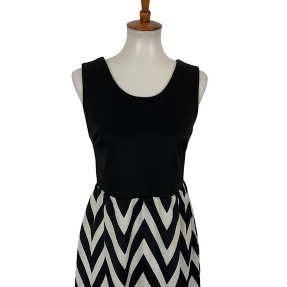 41 Hawthorn Black White Chevron Fit Flare Sleeveless Dress Medium Trendy Stylish - Picture 2 of 7